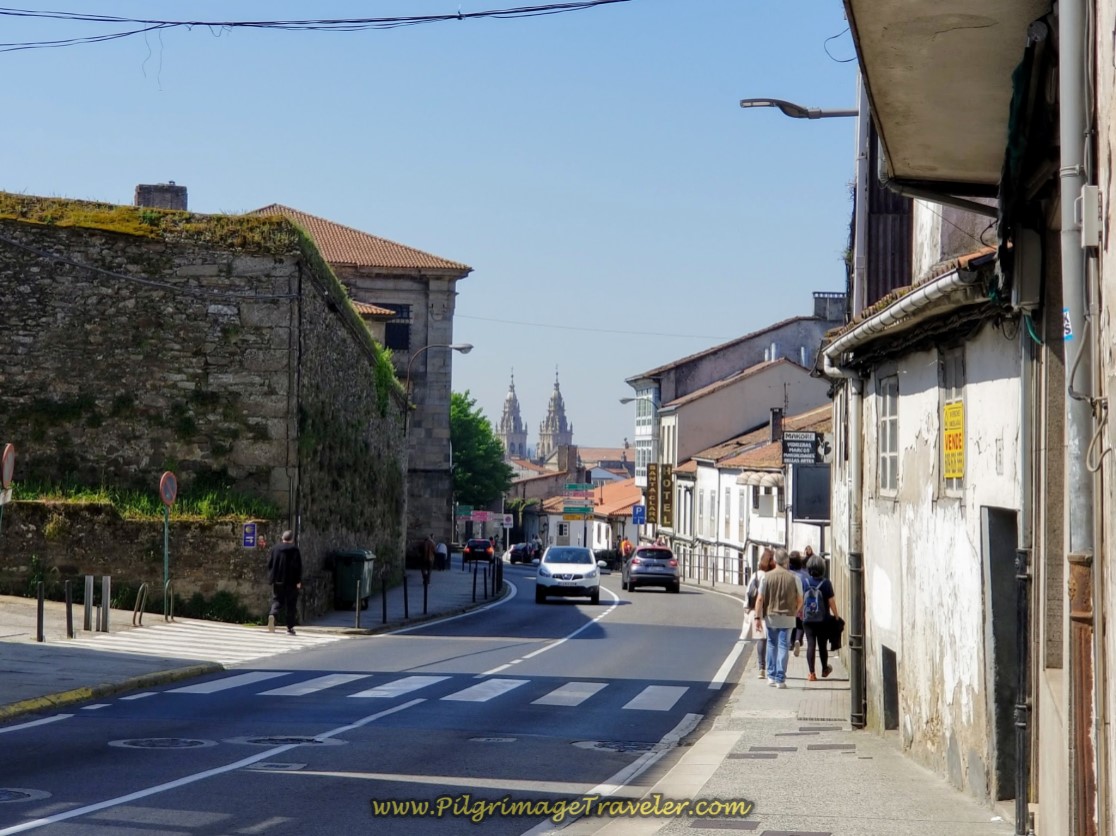 First Sighting of the Cathedral de Santiago Spires! on day eight of the English Way