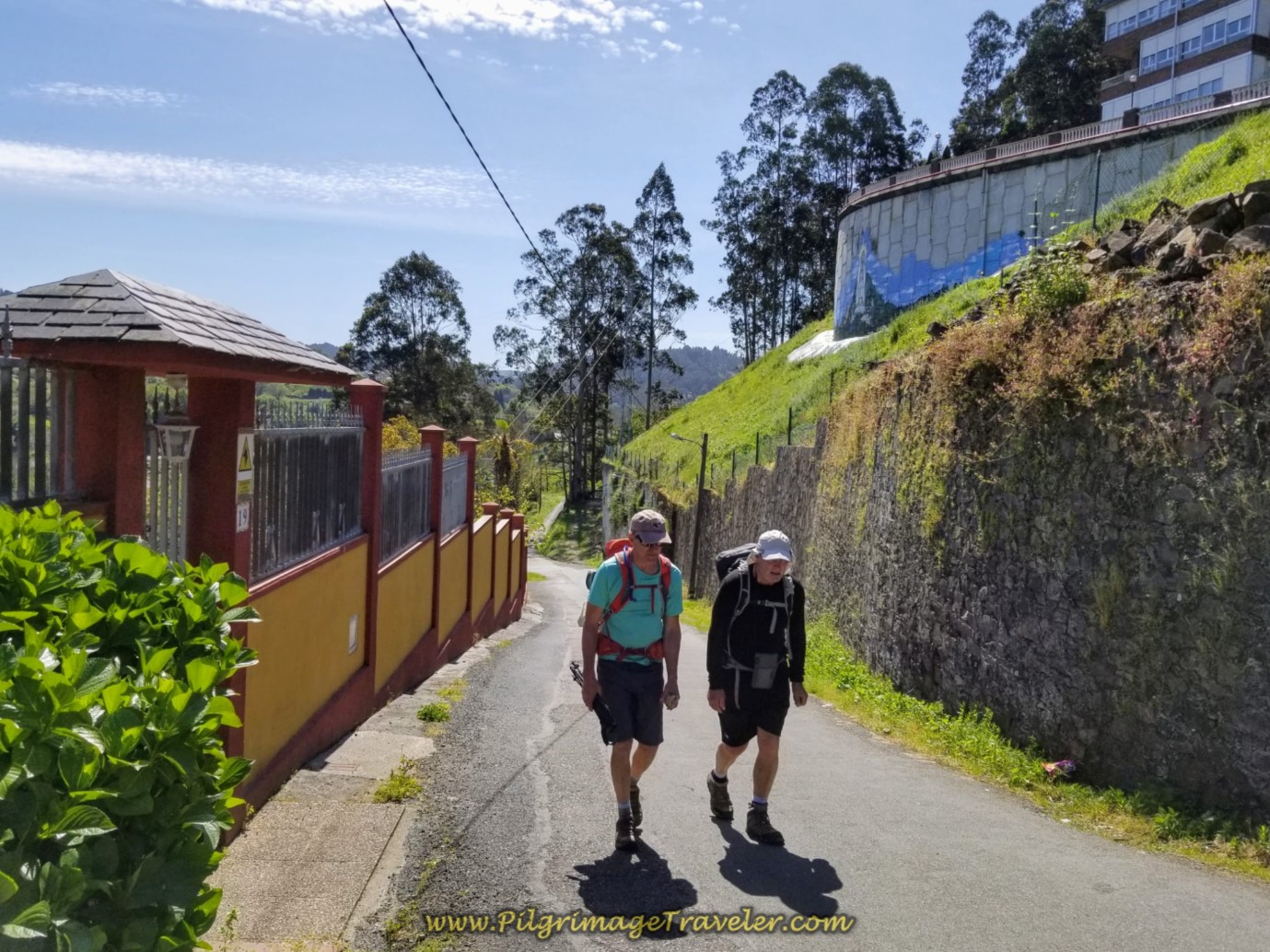 Rich and Rob Climbing on the Rúa Couto, leaving Betanzos on day five of the Camino Inglés