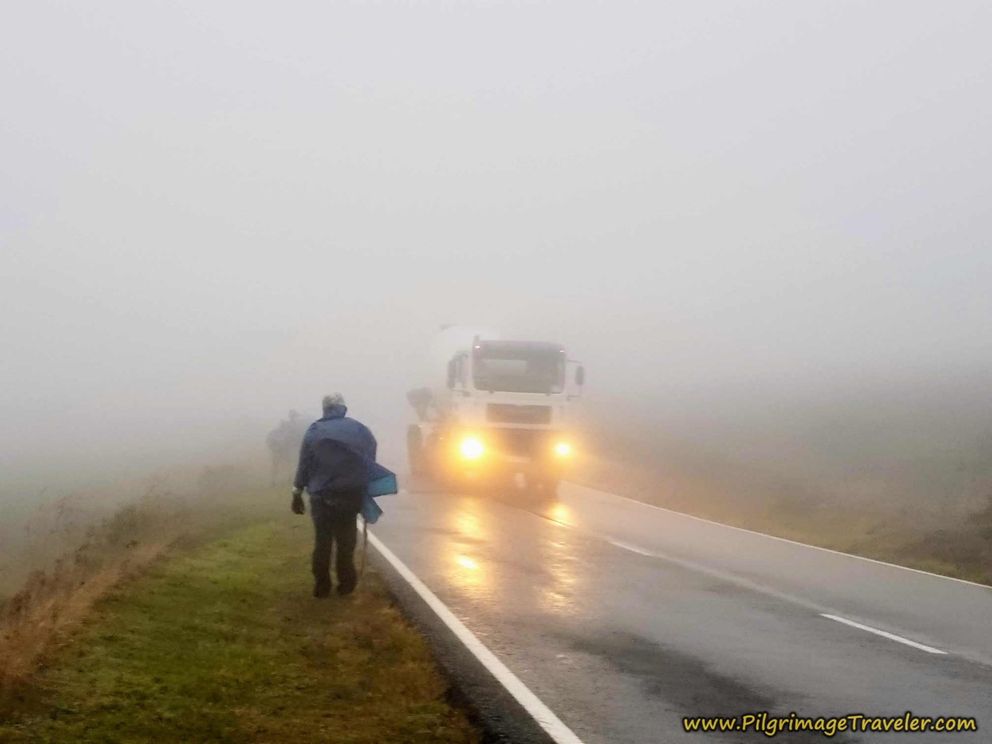 Negotiating Trucks in the Rain on the Camino Sanabrés from A Gudiña to A Venda da Capela