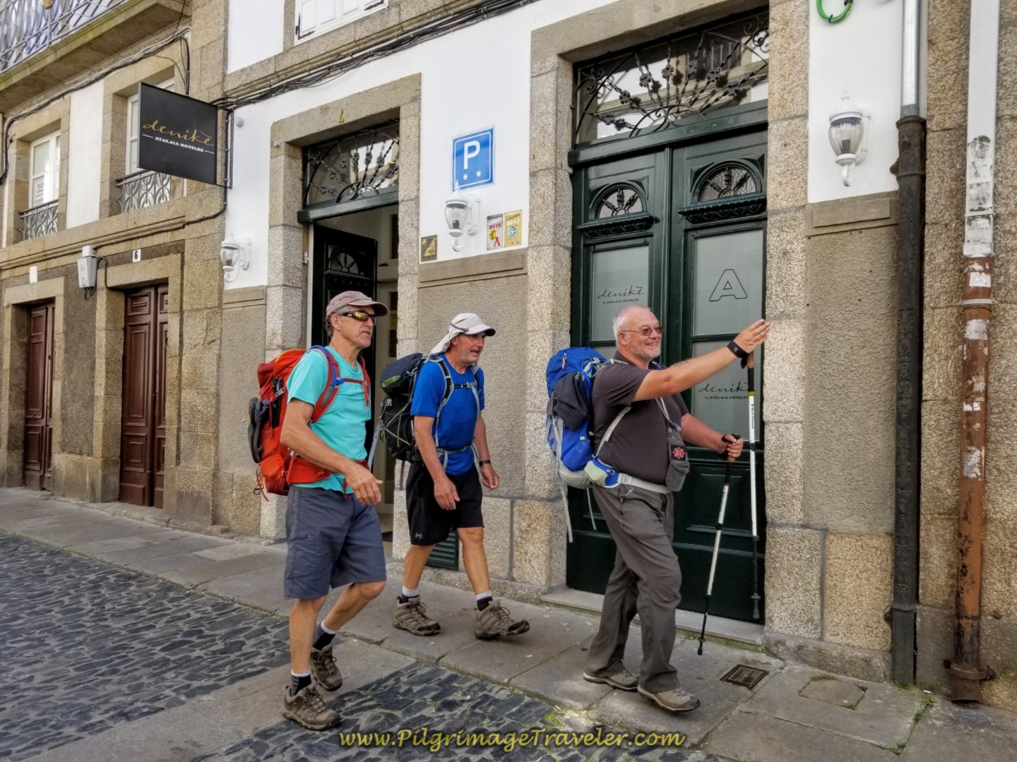 Steve Points the Way to the Cathedral on the Rúa da Porta da Pena on day eight of the English Way Steve Points the Way to the Cathedral on the Rúa da Porta da Pena on day eight of the English Way