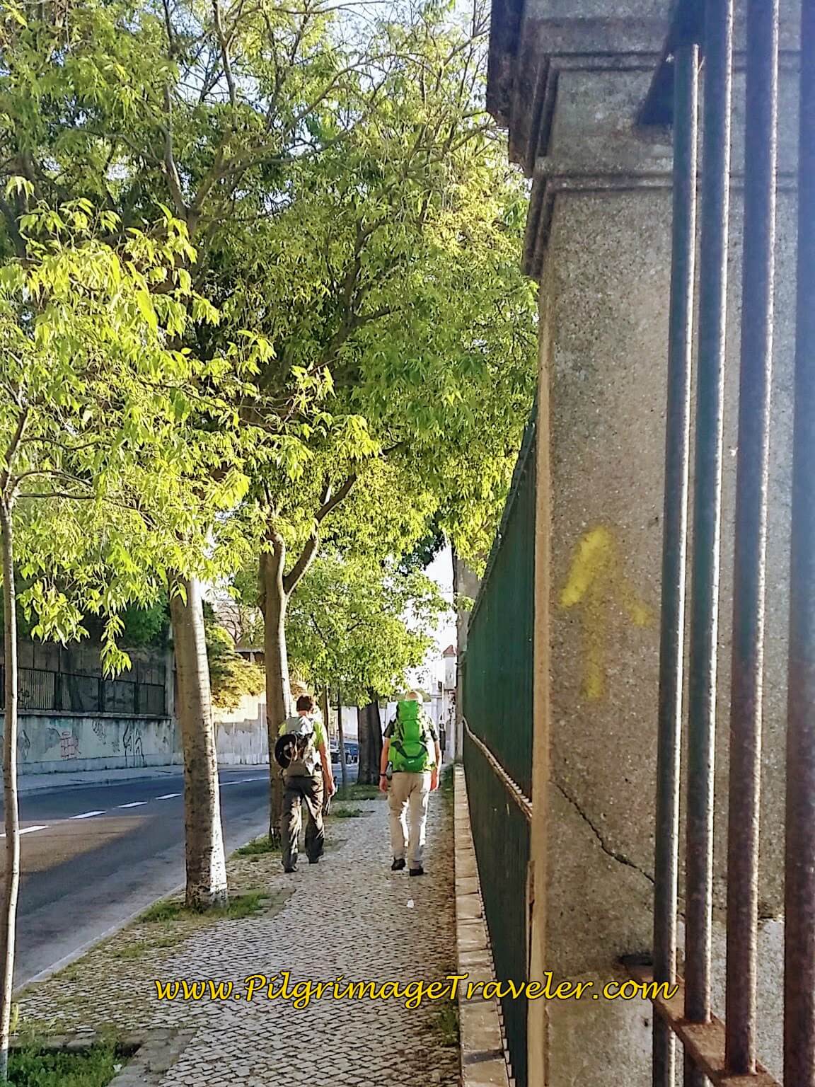 Yellow Arrow on the Calçada da Cruz da Pedra, Lisbon, Portugal