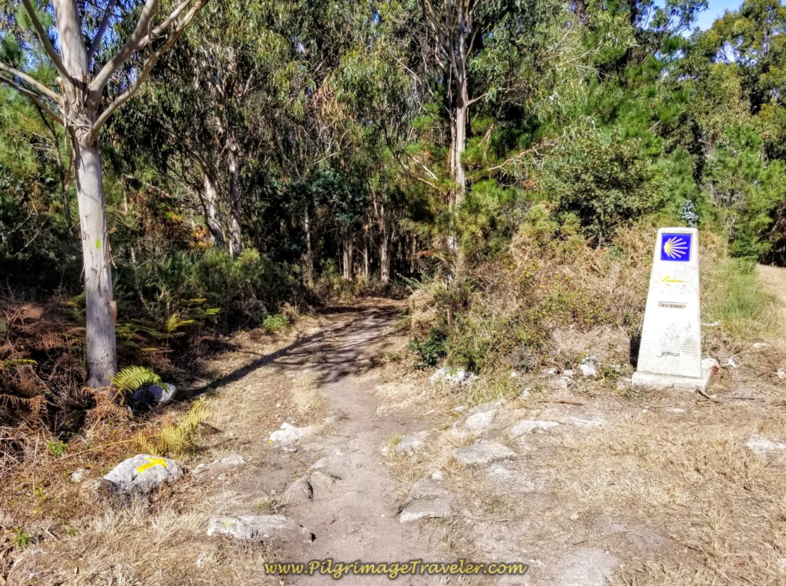 Left Turn onto Path at 2.56 Kilometer Waymark on day three of the Camino Finisterre to Muxía