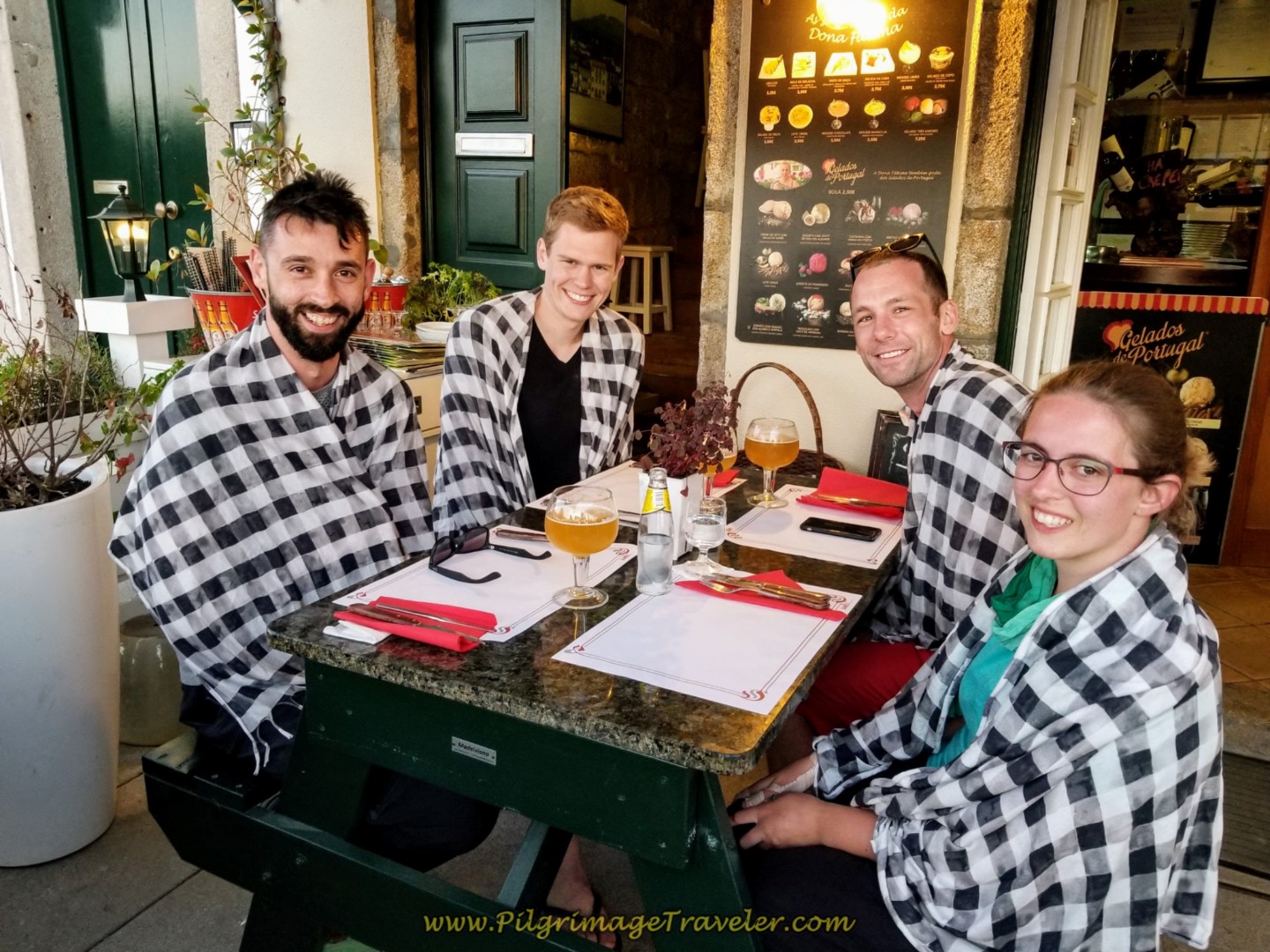 Borut, Magnus, Matt and Magdalena at the Pizzeria by the Medieval Bridge in Ponte de Lima, Portugal