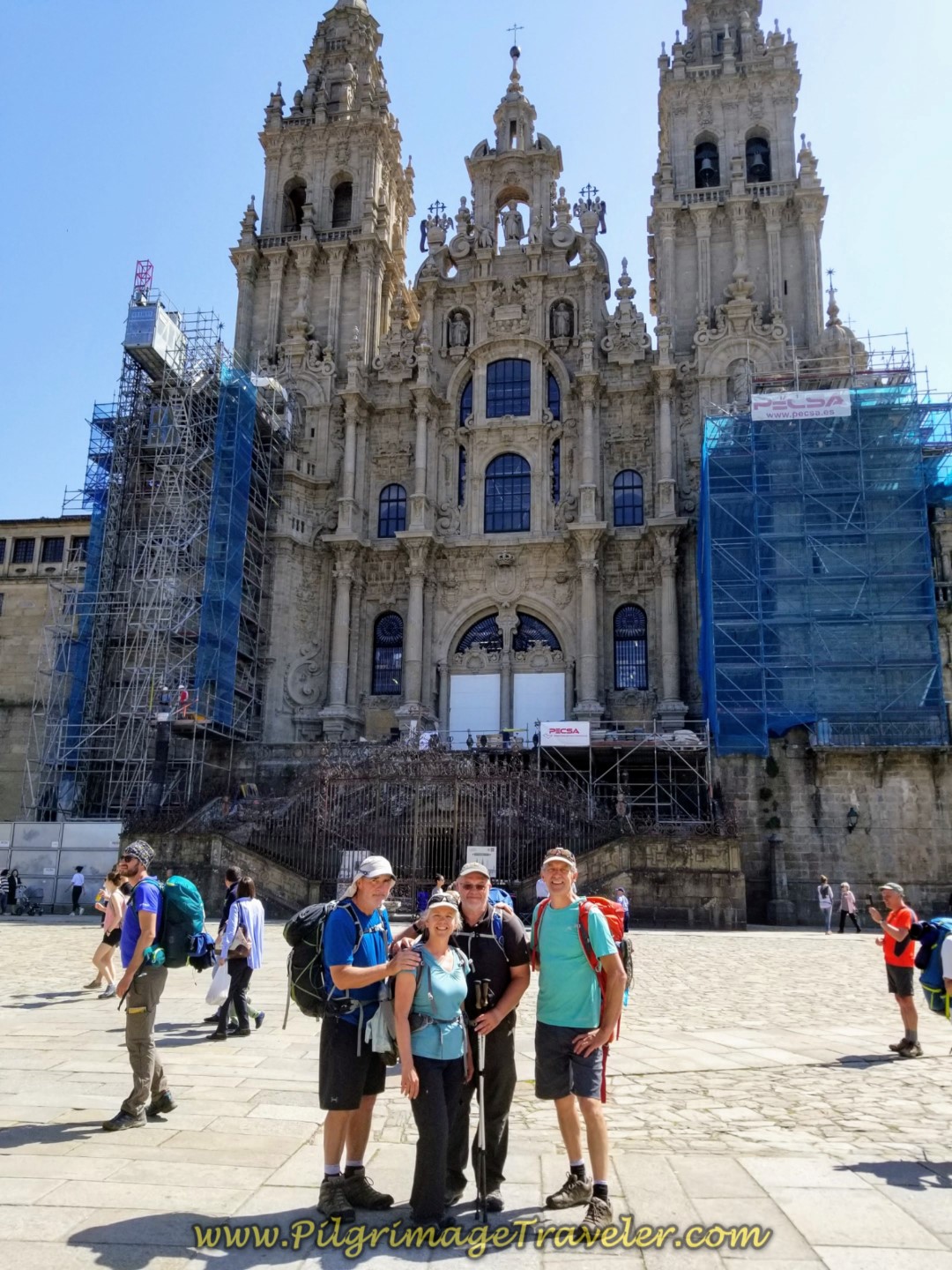 Rob, Elle, Steve and Rich, Happy Pilgrimage Travelers in Obradoiro Square on day eight of the English Way