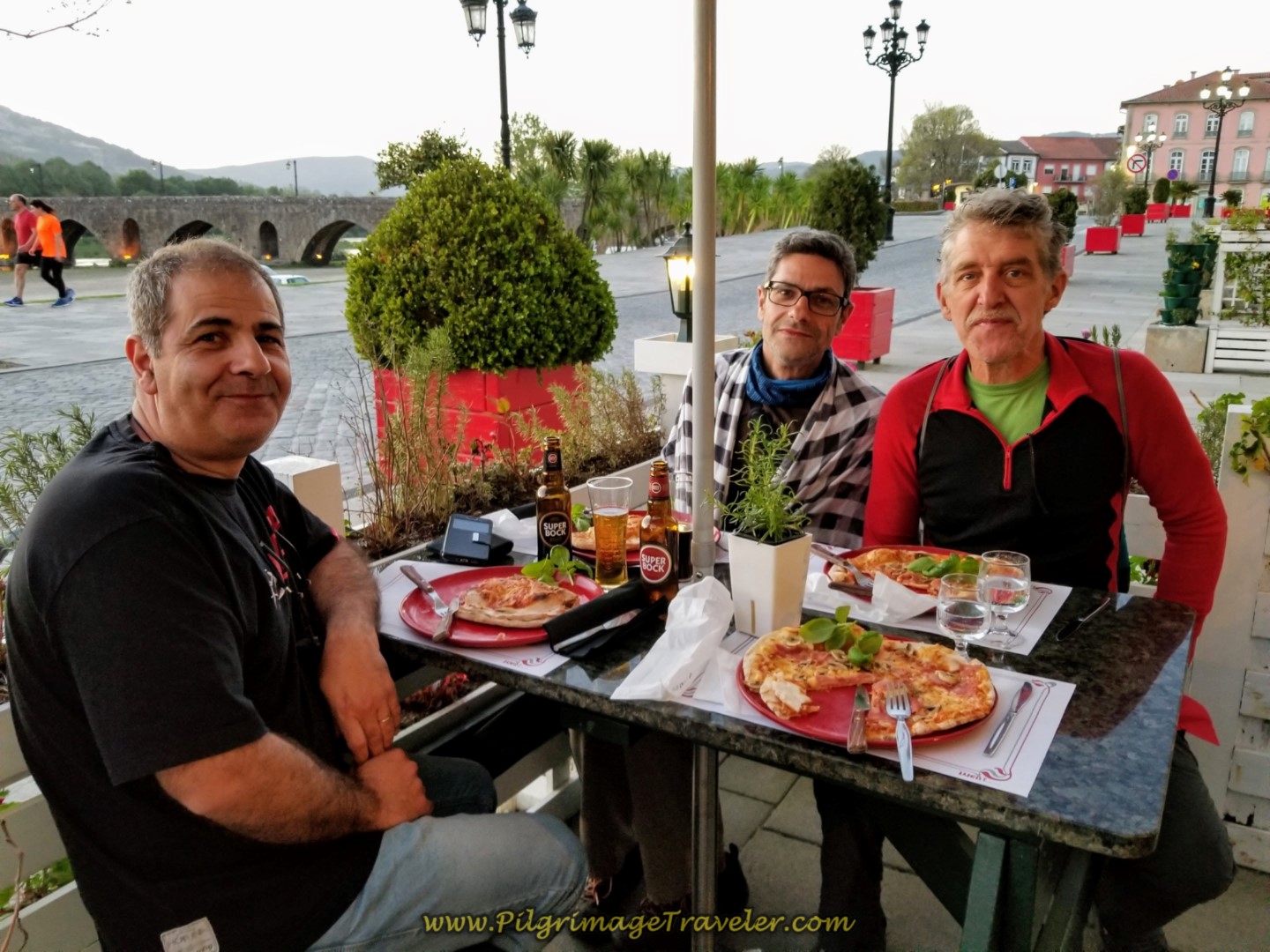 Pedro, Jorge and Rich at the Pizzeria by the medieval bridge in Ponte de Lima