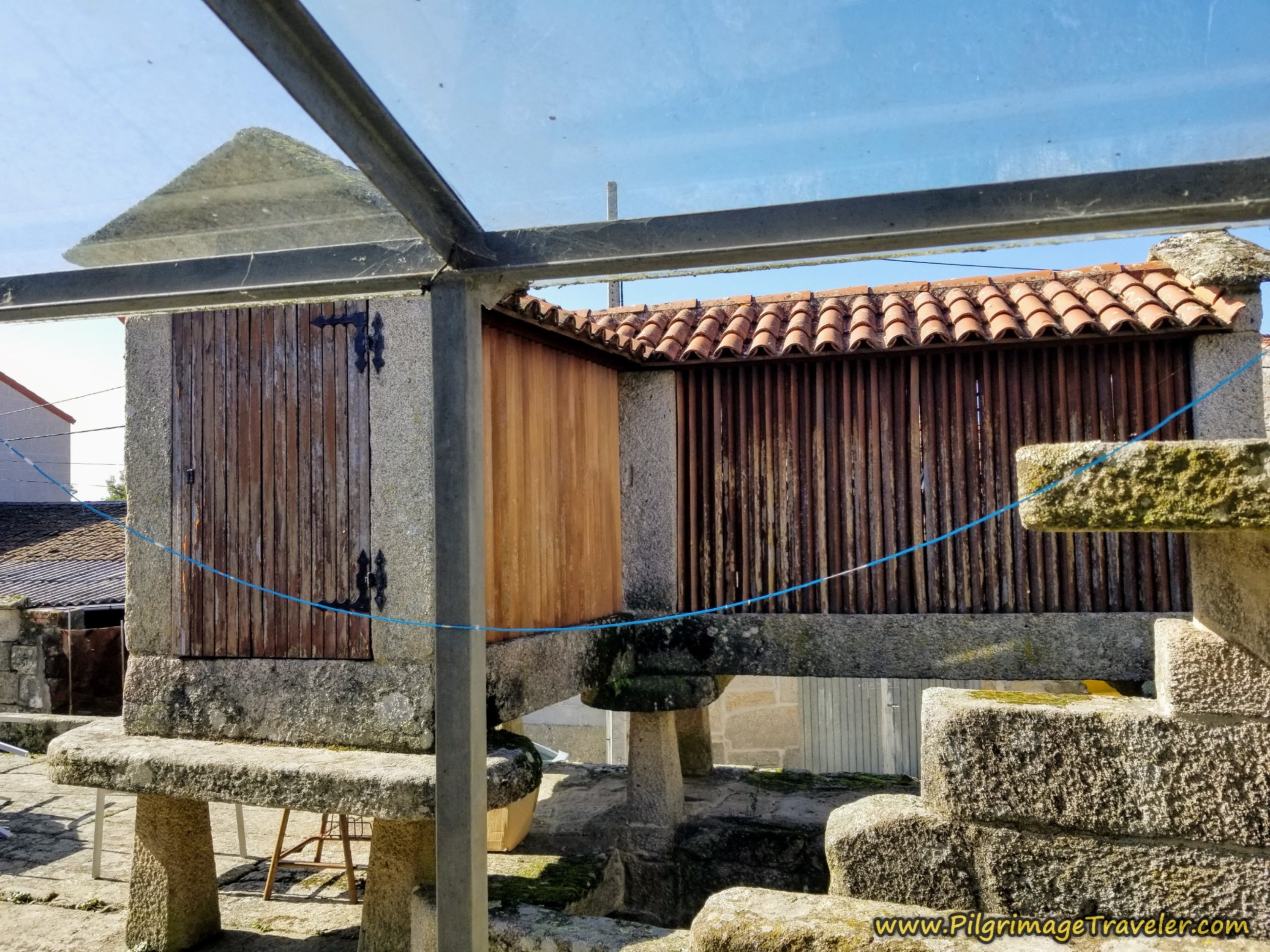 Horreo on the Roof of the Albergue, Camino Sanabrés, Ourense to Cea