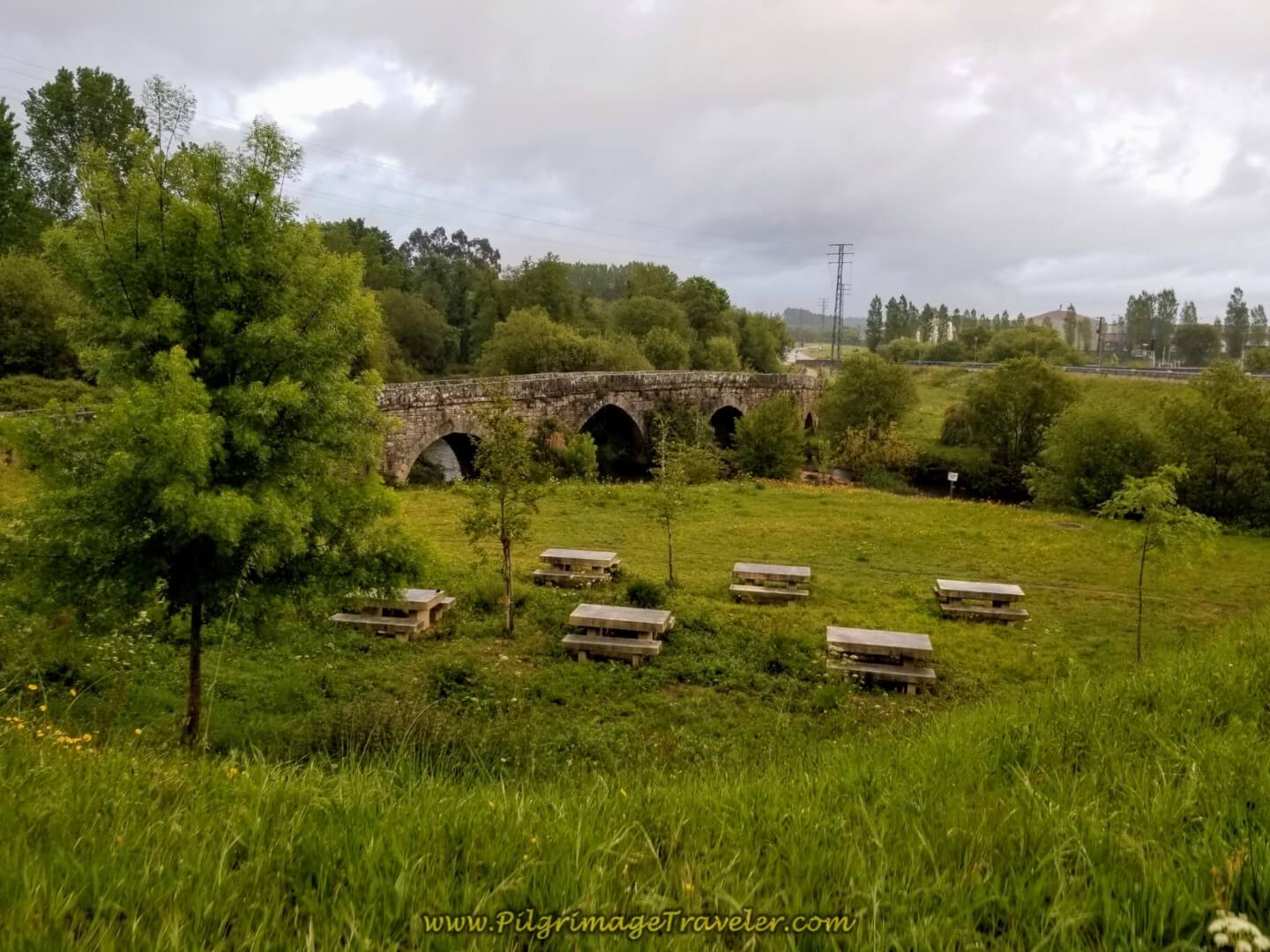 Picnic Area at Roman Bridge, Puente de A Veiga on day twenty on the central route of the Portuguese Camino