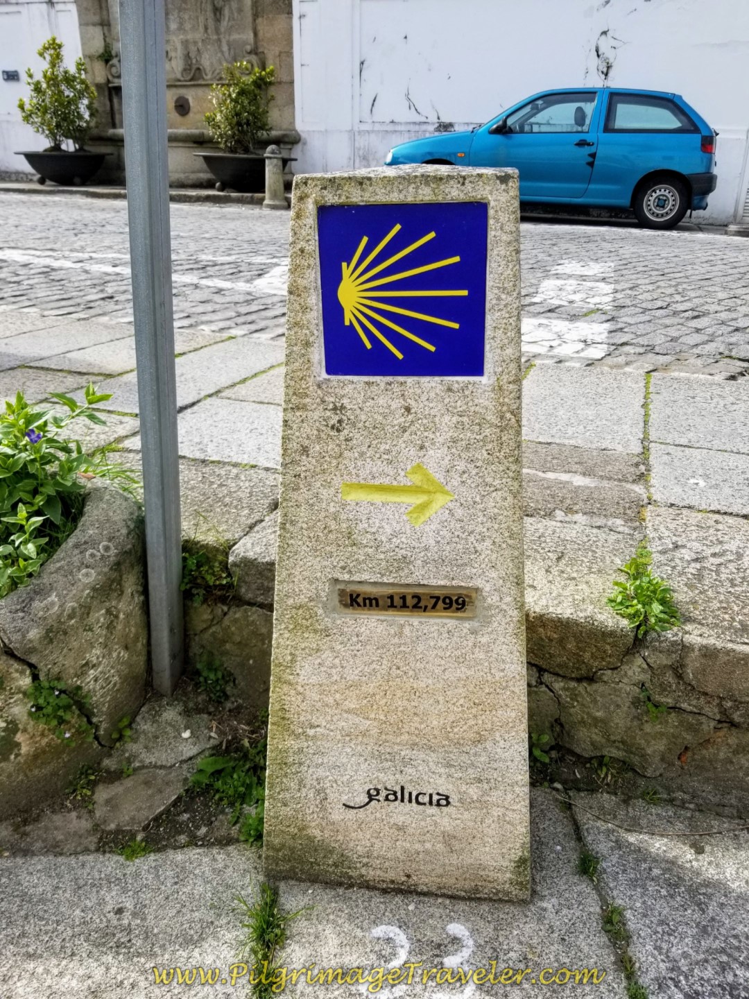 Right Turn onto the Rúa Real at 112.799 Kilometer Marker on day one of the Camino Inglés Right Turn onto the Rúa Real at 112.799 Kilometer Marker on day one of the Camino Inglés