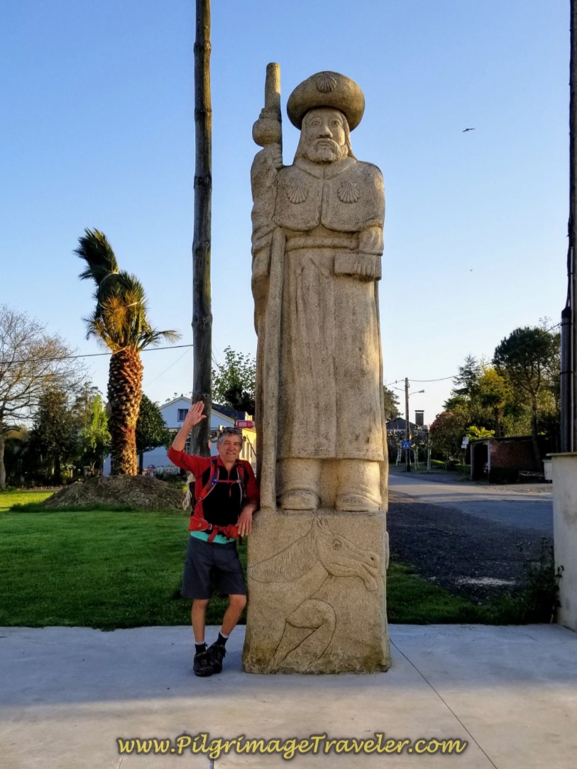 Rich at Santiago Statue on day seven of the Camino Inglés
