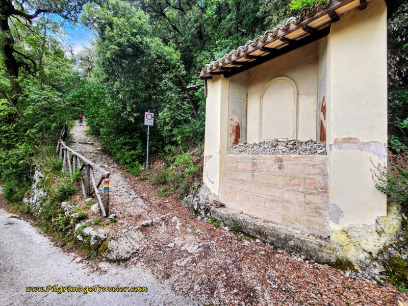 Way of St. Francis: Day Fifteen, Spoleto to Macenano - Take Terraced Path with a Split Rail Fence by a Third Shrine with Frescoes