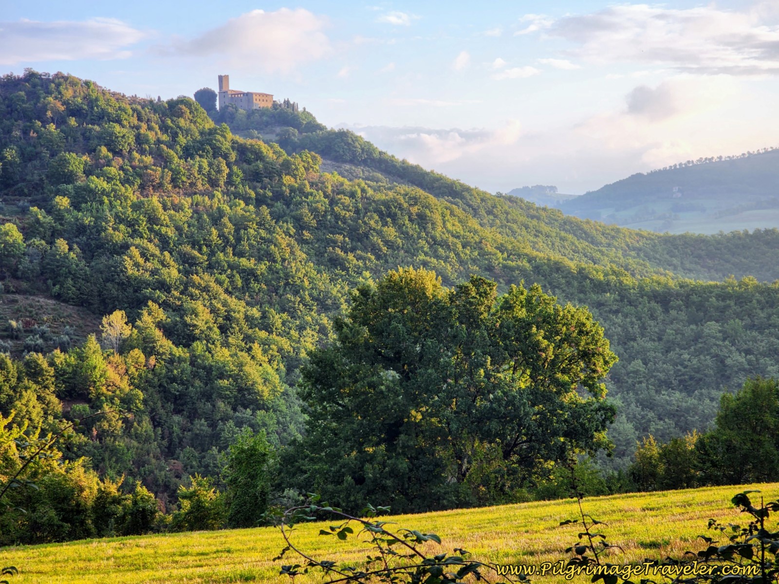 Castello di Biscina Looms Overhead, day nine, Way of St. Francis, Biscina to Valfabbrica