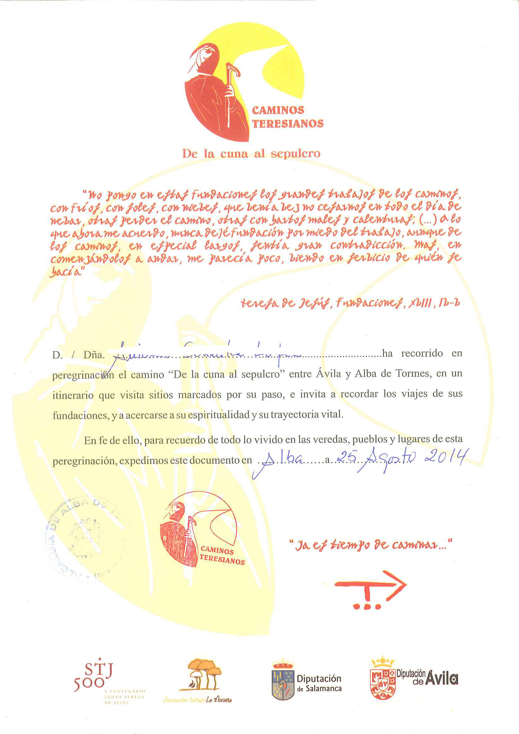 Camino Teresiano Certificate of Completion ~ La Andariega