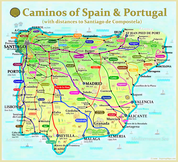 Camino de Santiage Routes Map from Inspiring Maps