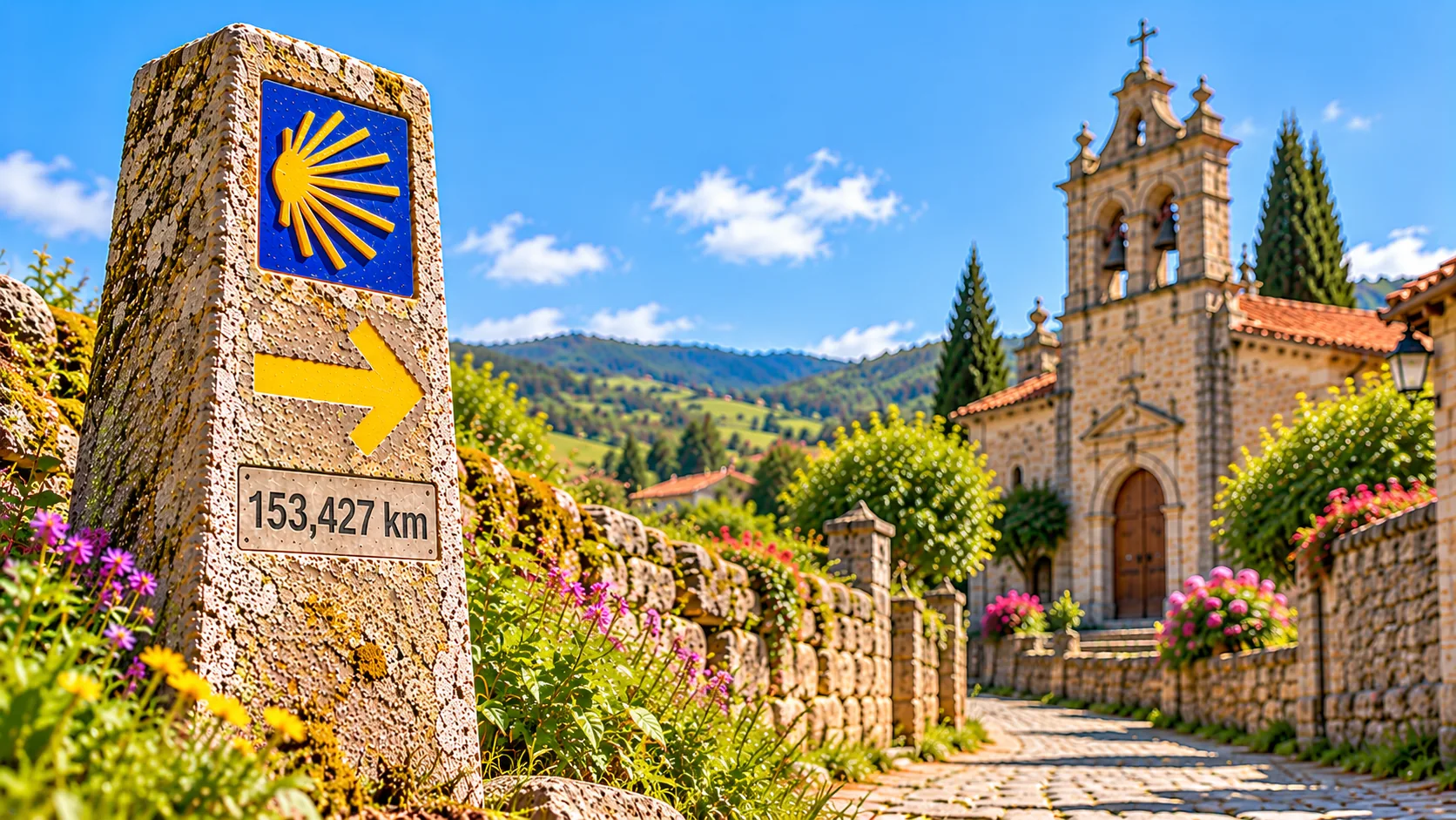 A Stylized Photo of a Camino de Santiago Waymark and Chapel Scene, also know as the Way of St. James