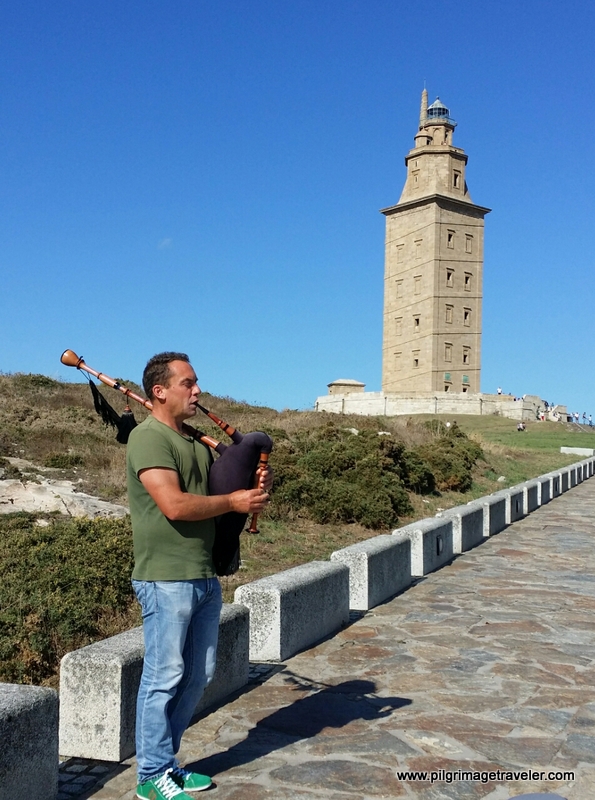 Bagpiper at the Tower of Hercules, La Coruña, Galicia, Spain