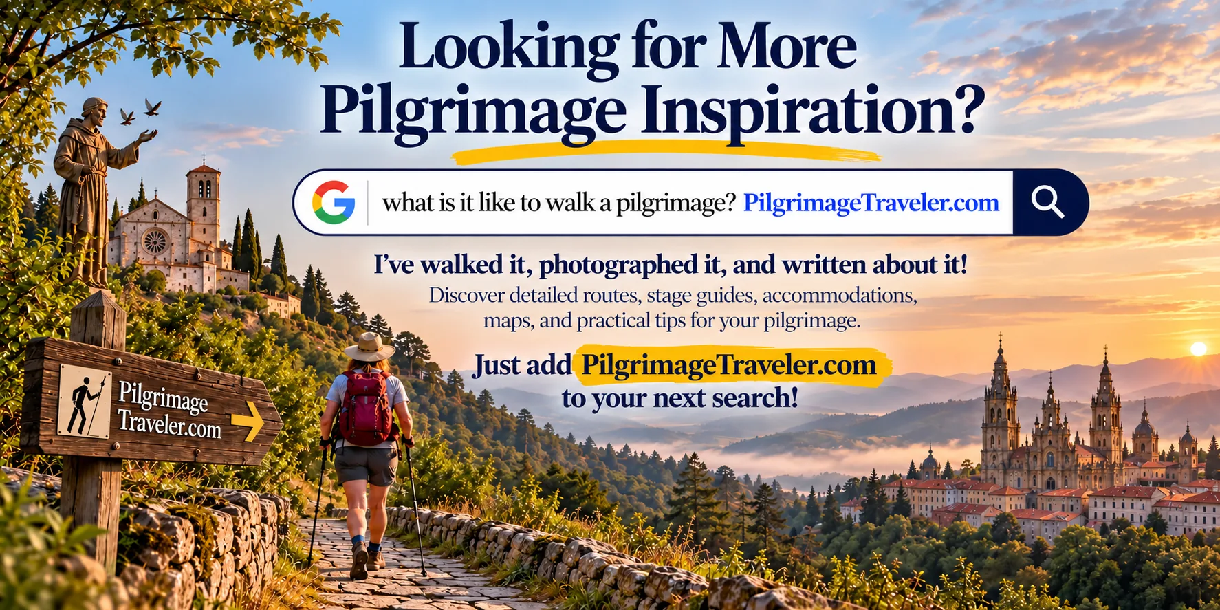 Stylized Pilgrimage Towards Santiago and Assisi - PT Inforgraphic Banner Home Page DeskTop Pilgrimage Traveler infographic showing how to find firsthand pilgrimage guides, routes, maps and walking tips by adding PilgrimageTraveler.com to a search.