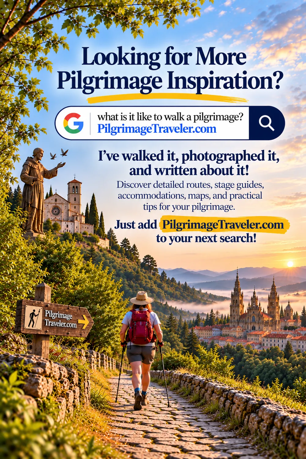 Stylized Pilgrimage Towards Santiago and Assisi - PT Inforgraphic Banner Home Page Mobile Version Pilgrimage Traveler infographic showing how to find firsthand pilgrimage guides, routes, maps and walking tips by adding PilgrimageTraveler.com to a search.